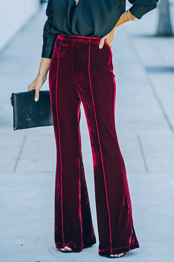 Claudia Velvet High Rise Elastic Waist Flare Stretch Pants-consonak