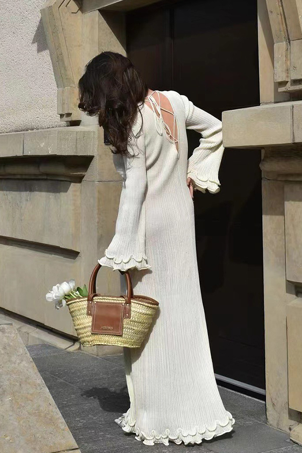 Clara Pleated Fabric Wavy Edges Bell Sleeve Tie-back Stretch Maxi Dress-consonak