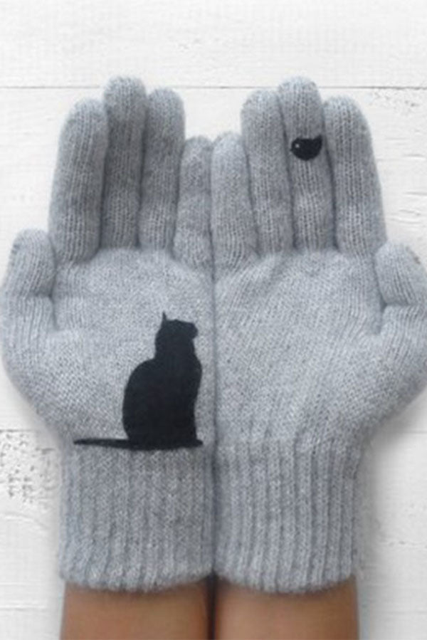 Printed Knitted Gloves Short Thickened Warm Finger Gloves-Cat-consonak