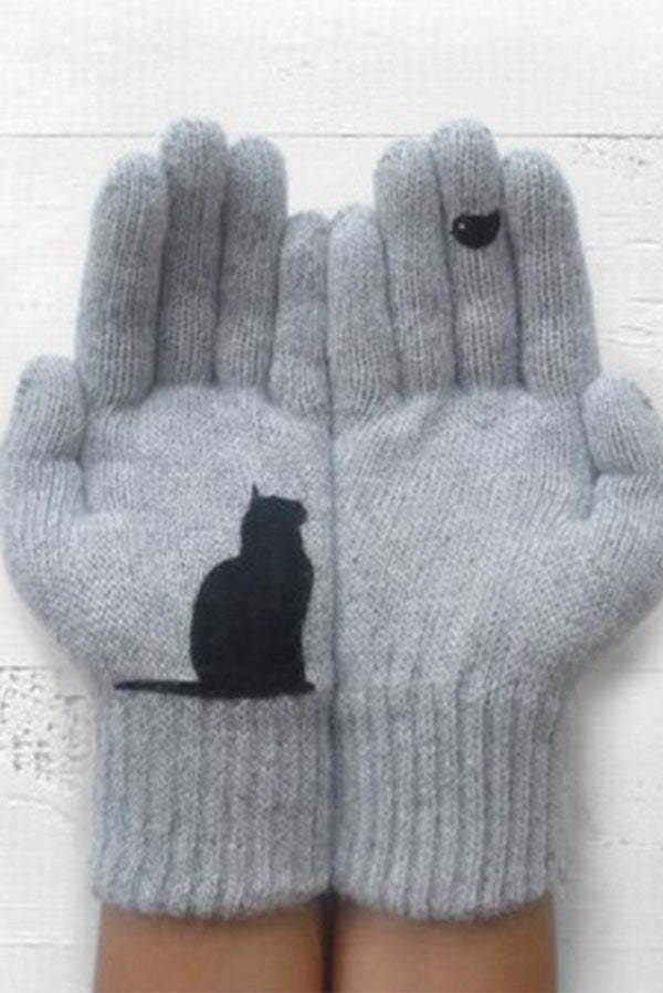 Printed Knitted Gloves Short Thickened Warm Finger Gloves-Cat-consonak