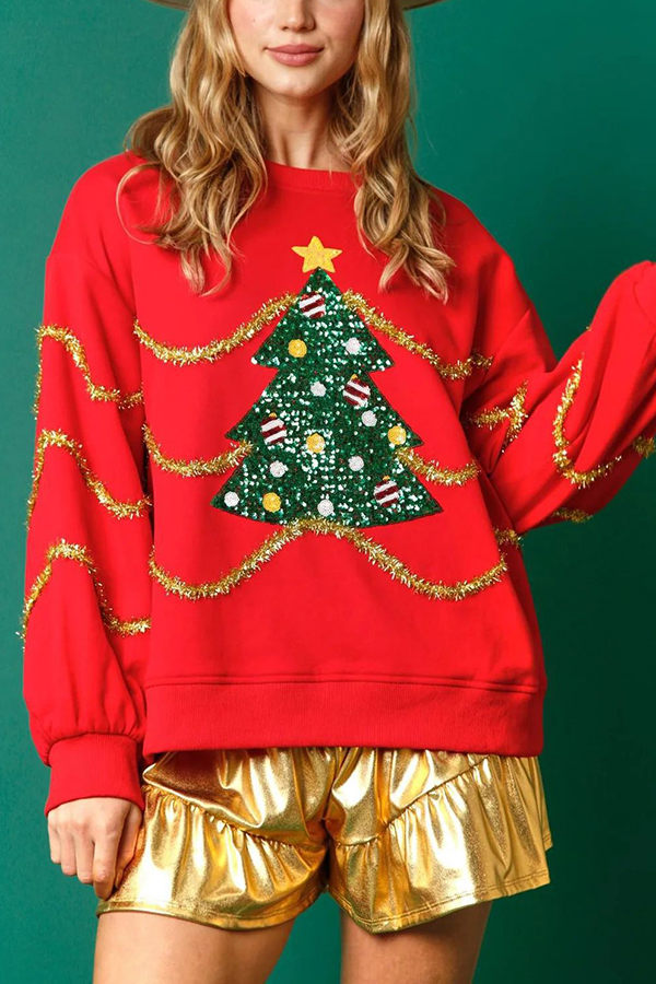 Christmas Tree Sequined Long Sleeve Loose Sweatshirt-consonak