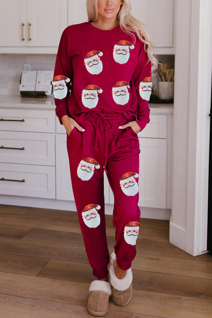 Christmas Sequin Long Sleeve Top and Elastic Waist Tie Pocket Pants Set-consonak