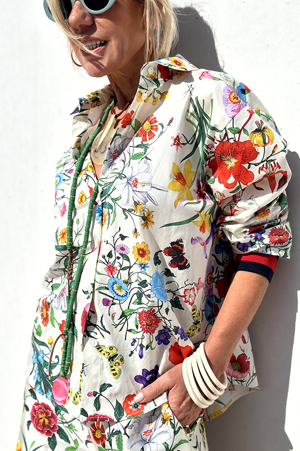 Fabulous Fiesta Satin Floral Unique Print Button Down Oversized Blouse-consonak