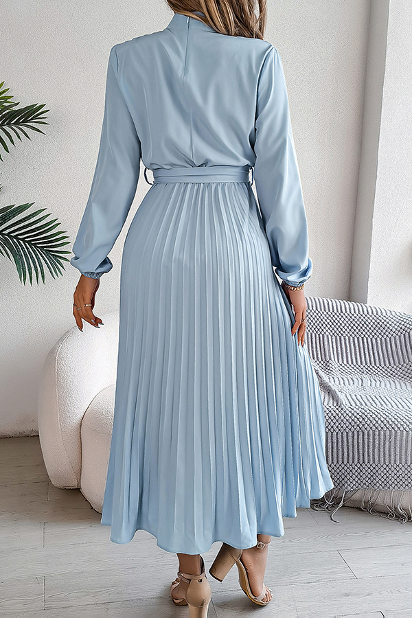 Elegant Stand-collar Long-sleeve Waisted Tie-up Pleated Midi Dress-consonak