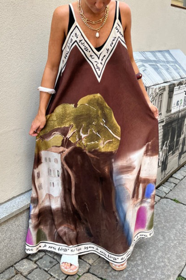 Unique Print Loose-fitting V-neck Casual Holiday Maxi Dress