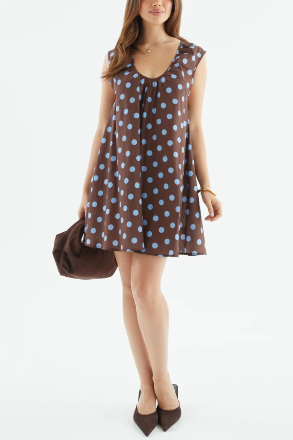 Fashionable Polka Dot Print U-neck Sleeveless Loose Mini Dress-consonak