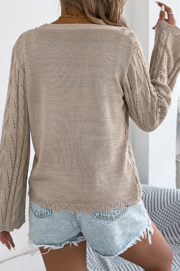 Solid Color Loose V-neck Long-sleeved Vacation Knit Cardigan-consonak