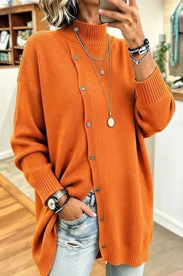 Warm Season Knit Turtleneck Button-down Long Sleeve Loose Sweater-Consonak