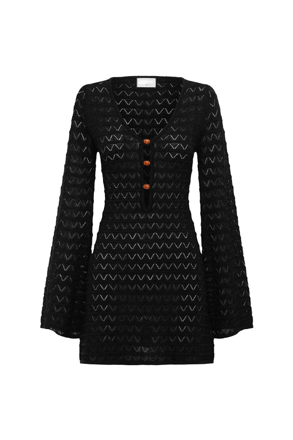 Solid Color Hollow-out V-neck Flared Long-sleeved Slim-fit Knitted Cover-up Mini Dress-consonak