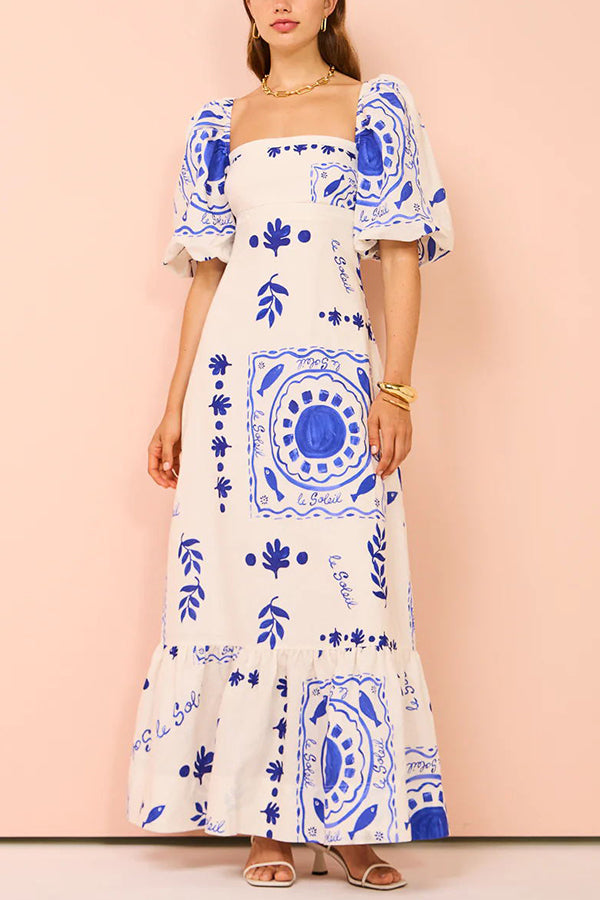 Sherbert Linen Blend Unique Print Square Neck Bubble Sleeve Maxi Dress | Consonak