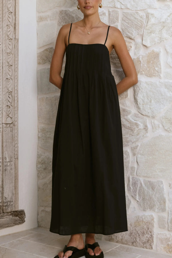 Solid Color Pleated Square Neck Suspender Casual Midi Dress