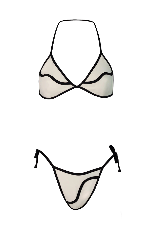 Black and White Color-blocked Two-piece Stretch Bikini Swimsuit and Elegant Ruffled Maxi Skirt Set