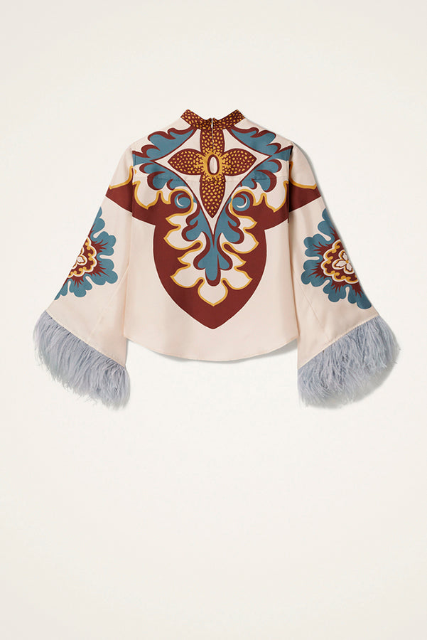 Bohemian Dreams Unique Print High Neck Feather Trim Bell Sleeve Top-Consonak