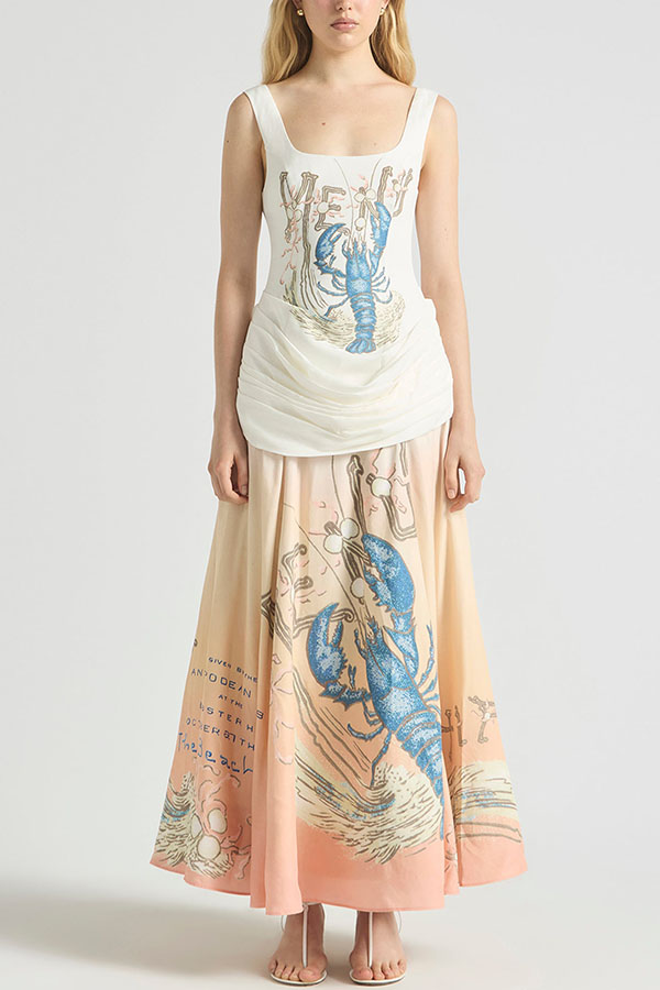 Jino Unique Lobster Print Square Neck Ruched Drape Hip Maxi Dress