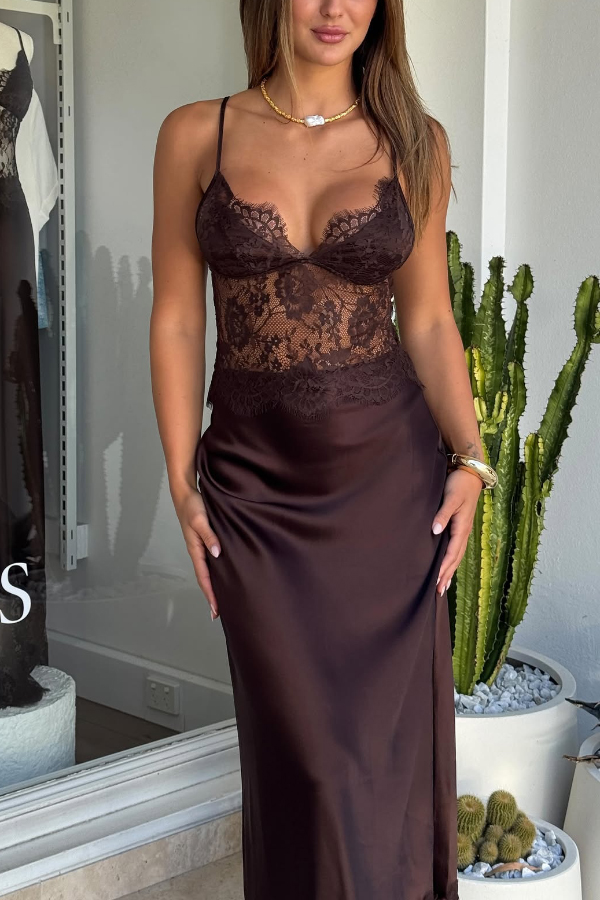 Fashionable Satin Lace Patchwork Sheer V-neck Elegant Slim-fit Maxi Dress | Consonak