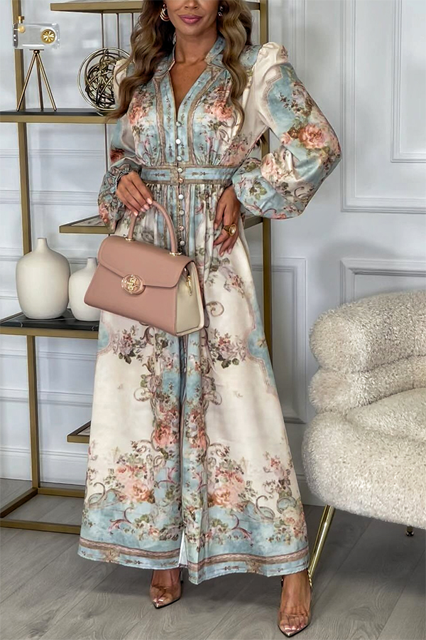 Fresh Pickings Floral Bohemian Print Balloon Sleeve Button Up Maxi Dress-consonak