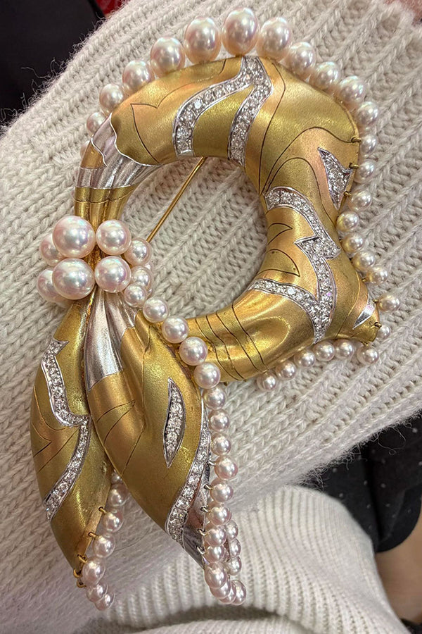 Vintage Silk Scarf and Shell Pearl Brooch-Consonak