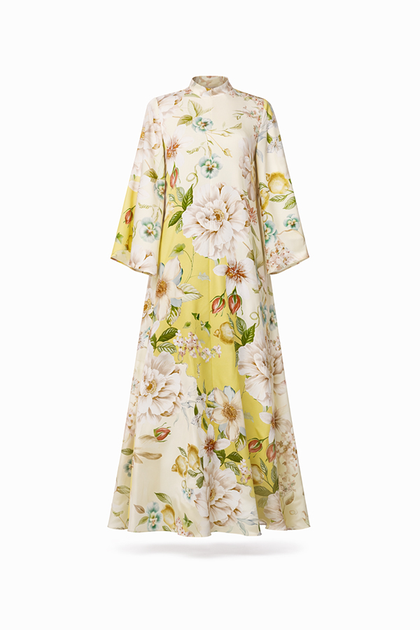Serene Refinement Color-block Floral High Neck Long Sleeve Fluid Kaftan Maxi Dress