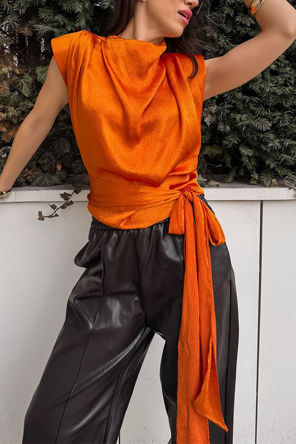 L'Aura Padded-Shoulder Wrap-Around Satin Top-Consonak