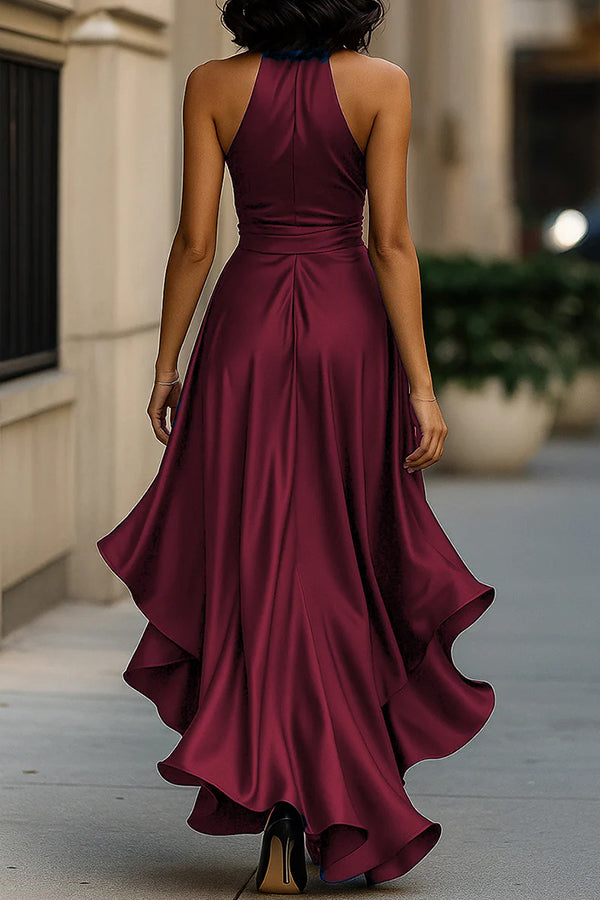 Solid Color Satin V-neck Sleeveless Elegant Ruffle Maxi Dress-consonak