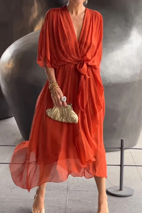 Solid Color V-neck Bat Sleeve Lace-up Irregular Hem Midi Dress-consonak