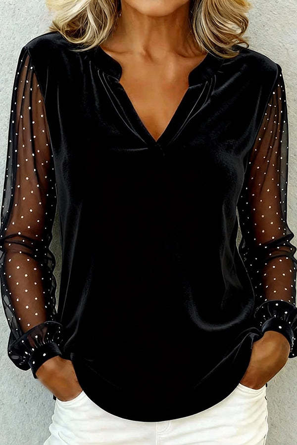 Solid Color Velvet Patchwork Sheer Long-sleeved Casual V-neck Top-consonak