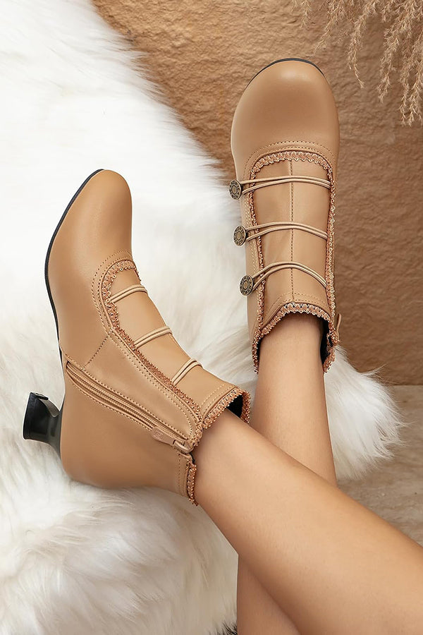 Retro Lace Round Buckle Low Heel Martin Boots-consonak
