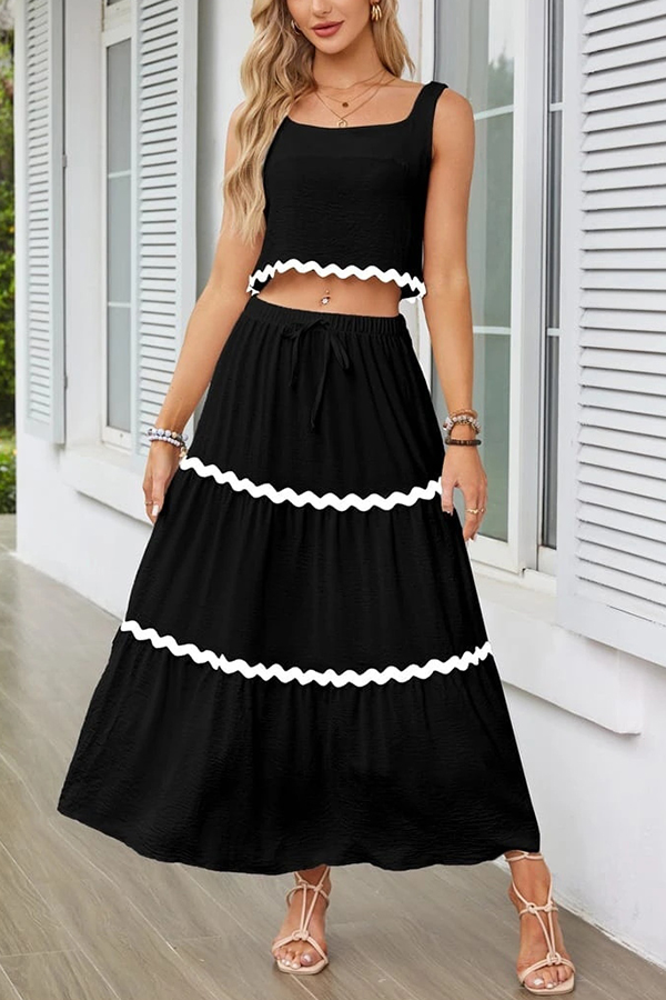 Napa Ric Rac Trims Sleeveless Crop Tank and Drawstring Elastic Waist Pocket Maxi Skirt-consonak