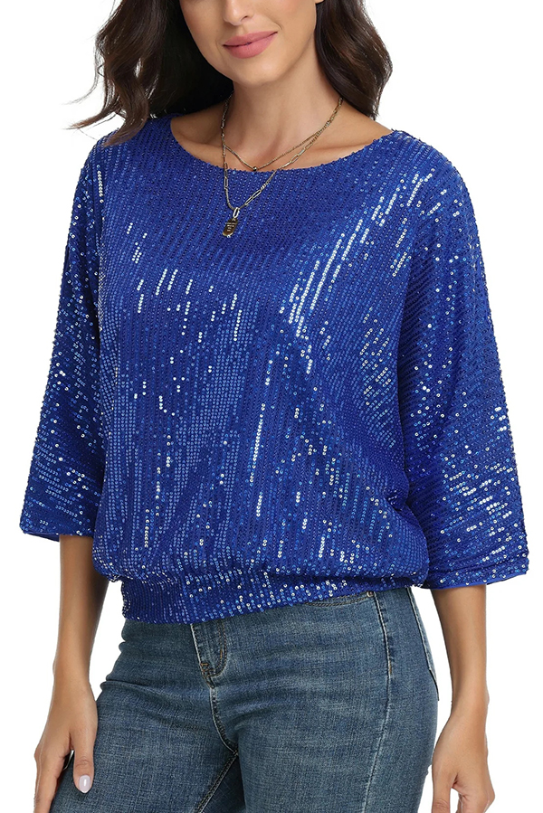Solid Color Sequined Loose Round Neck Casual Top-consonak