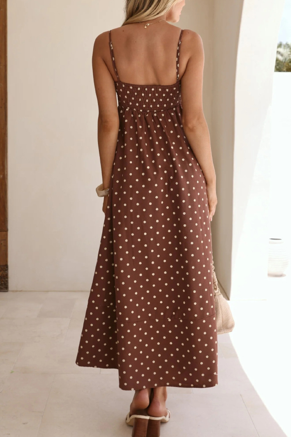 Polka Dot Print Square Neck Suspender Casual Pocket Maxi Dress