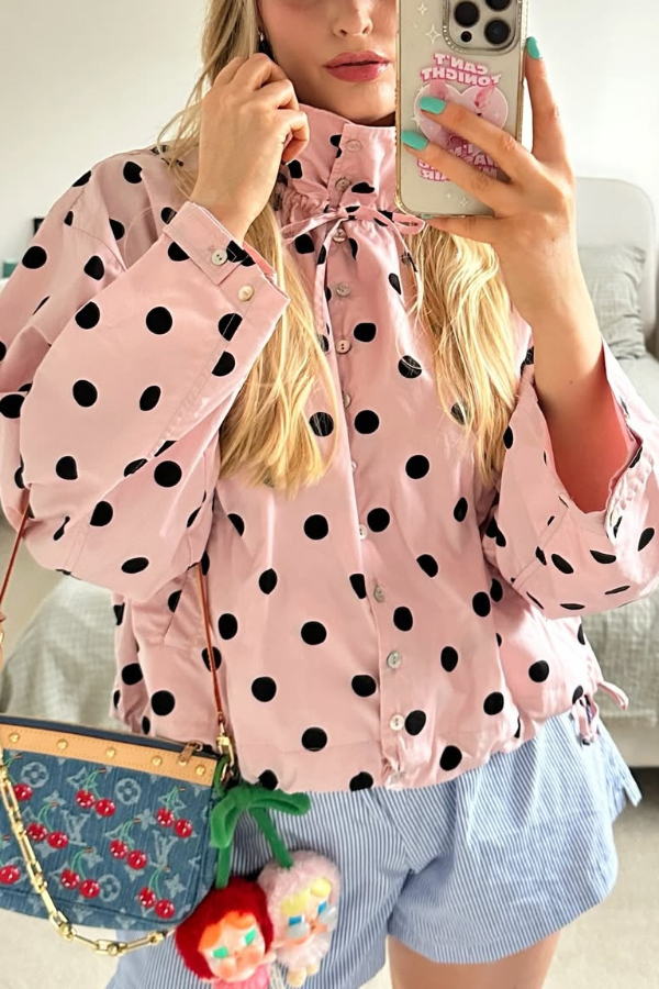 Polka Dot Print Loose Stand Collar Button Bow Tie Casual Long-sleeved Jacket | Consonak