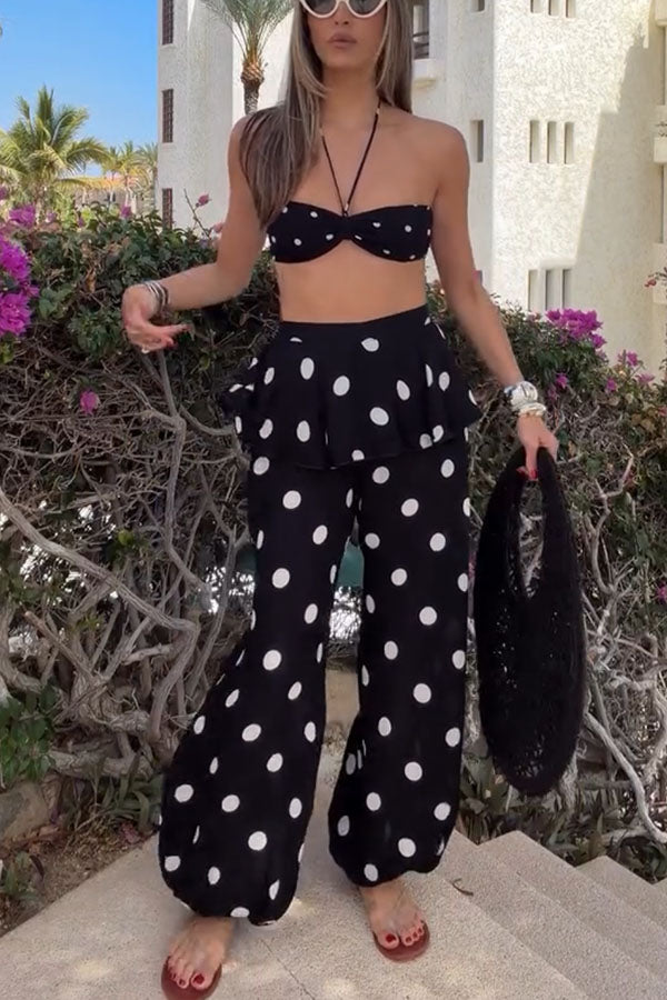 Adriana Polka Dot Bandeau Halter Top and Elastic Waist Pocket Skirt Hem Balloon Pants Set