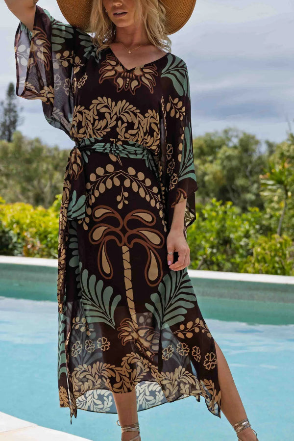 Bohemian Style Unique Printed Chiffon Loose-fitting Belted Maxi Dress