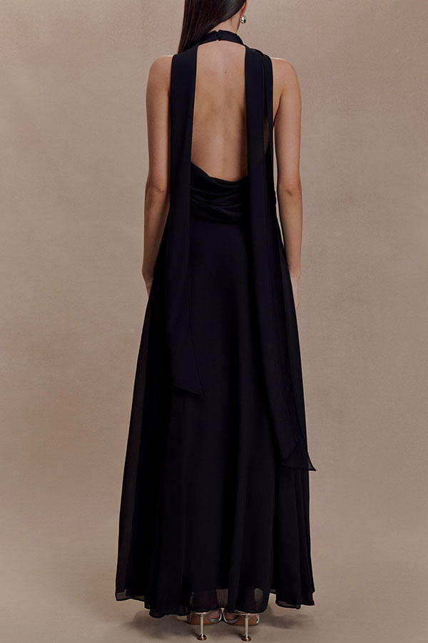 Santal Chiffon Detachable Halter Cowl Neck Scarf Floral Diamante Trims Maxi Dress-consonak