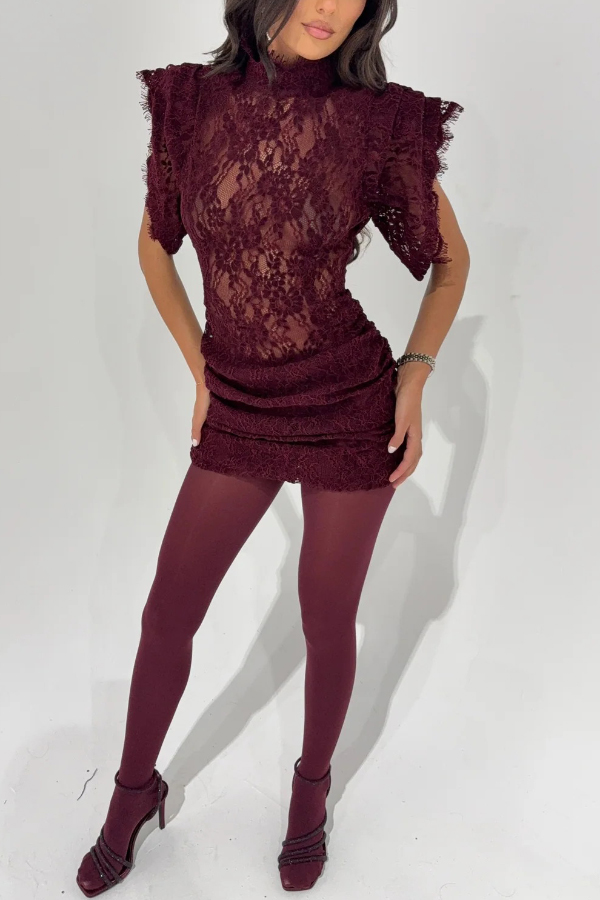 Bold and Alluring Lace High Neck Statement Padded Shoulder Wide Sleeve Ruched Mini Dress-consonak