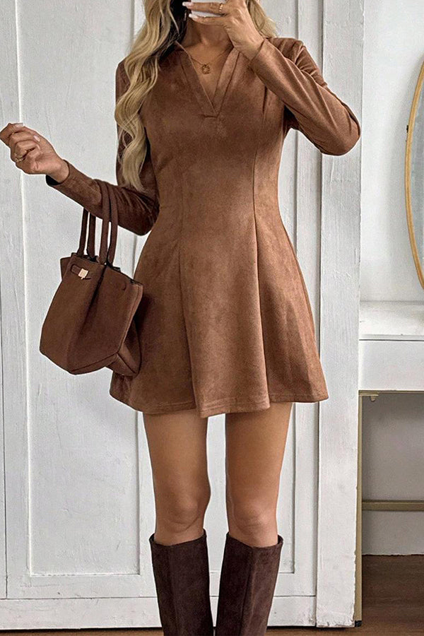 Stylish Suede Collared Long-sleeved Slim-fit Mini Dress-consonak