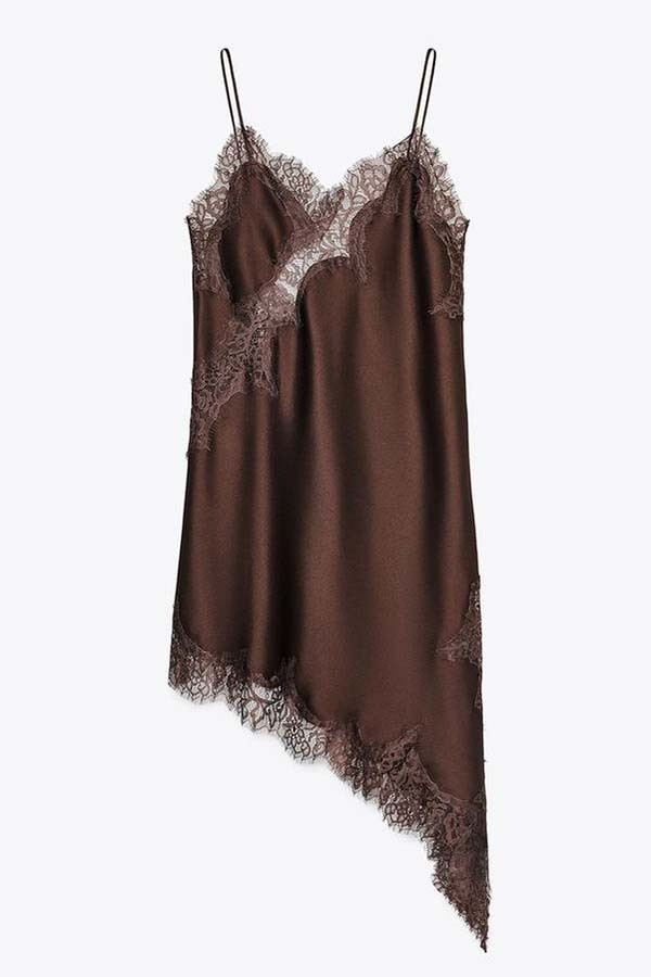 Elouise Satin Lace Trim V-neck Asymmetrical Hem Slip Mini Dress-consonak