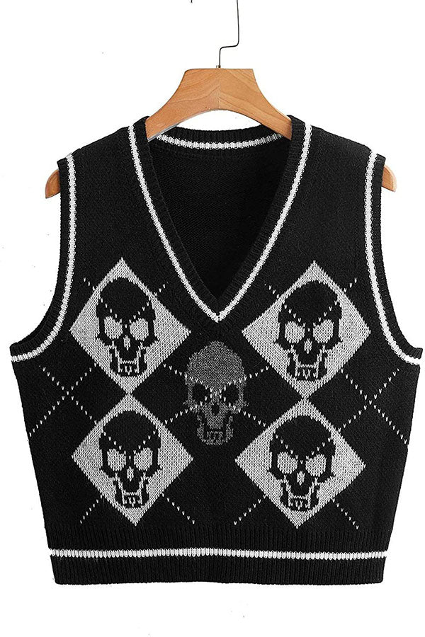 Halloween Skull Argyle Knit Sweater Vest-Consonak