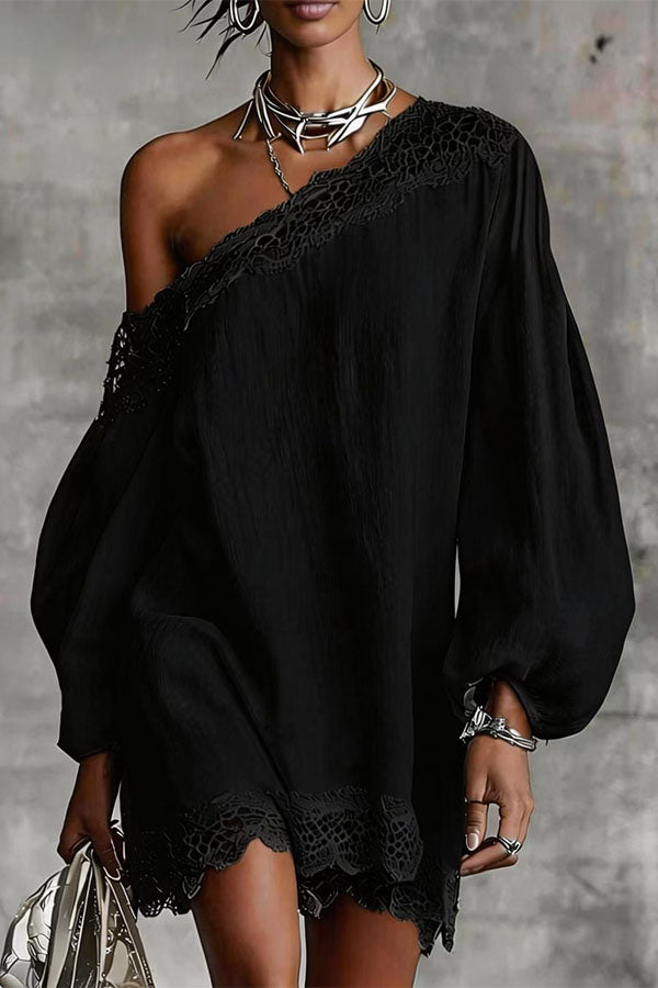 One-Shoulder Lace Trim Mini Dress-Consonak