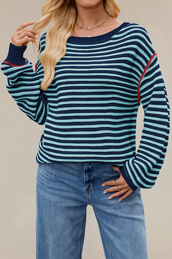 Striped Knit Loose-fitting Crew Neck Long-sleeved Casual Sweater-consonak
