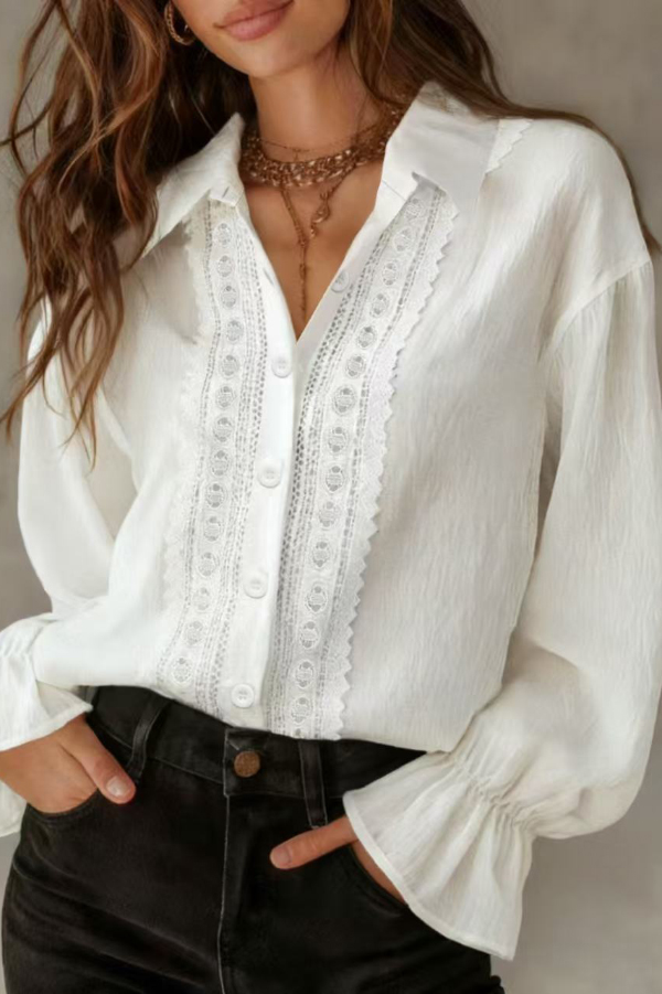 Solid Color Patchwork Lace Lapel Long-sleeved Button Casual Shirt-consonak
