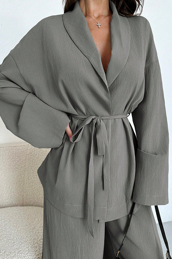 Solid Color Collared Long-sleeved Tie-waist Loose Top and Elastic Waist Casual Wide-leg Pants Set-consonak