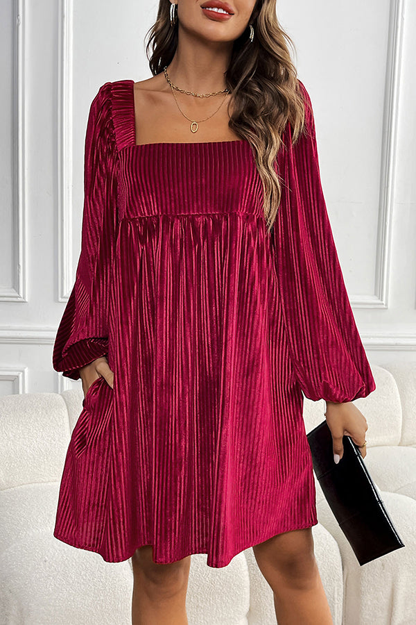 Solid Color Velvet Square Neck Long Sleeve Pocket Casual Mini Dress-consonak