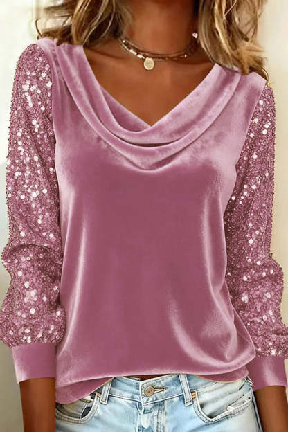Stylish Velvet Sequin Patchwork Long-sleeved Casual Top-consonak