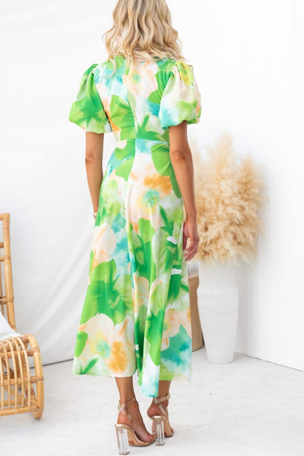 Sophia Floral Print Satin Puff Sleeve Twist Bust Cutout Midi Dress-consonak