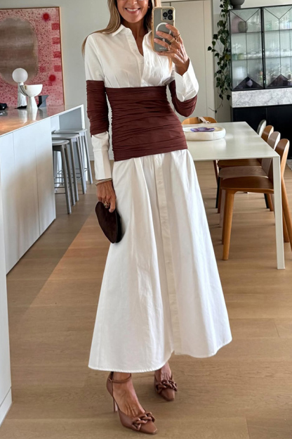 Fashionable Pleated Contrast Patchwork Waist Long Sleeve Button Shirt Maxi Dress-consonak