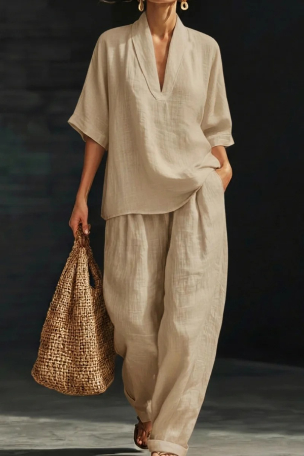 Solid Color V-neck Short-sleeved Loose Top and Casual Elastic Waist Pocket Pants Set
