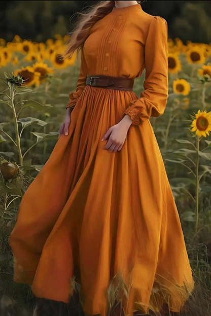 Solid Color Casual Long-sleeved Belted Maxi Dress-consonak