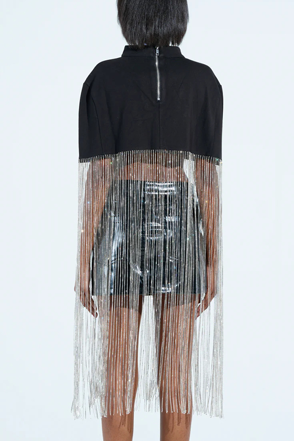 New Level Shiny Tassel Stand Neck Crop Cape Blouse | Consonak