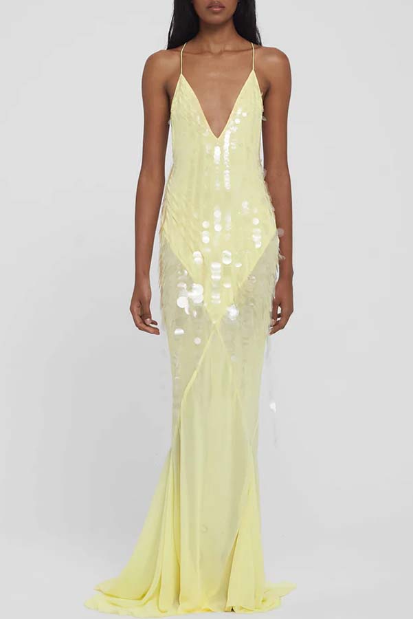 Perfect Night Sequin Embroidery Backless Drape Tulle Hem Slip Maxi Dress | Consonak